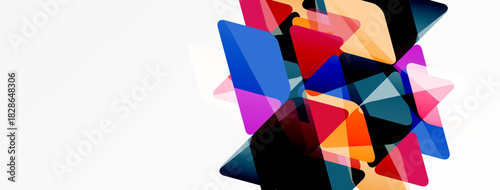 Abstract geometric shapes overlap, creating vibrant colorful composition. Modern design, clean aesthetic, dynamic visual impact.