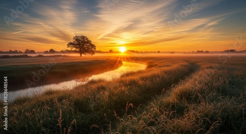 Fototapeta Naklejka Na Ścianę i Meble -  Sunrise over foggy meadow with winding river and solitary tree