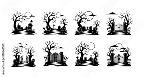 Spooky Halloween Cemetery Scenes with Silhouetted Trees and Grav