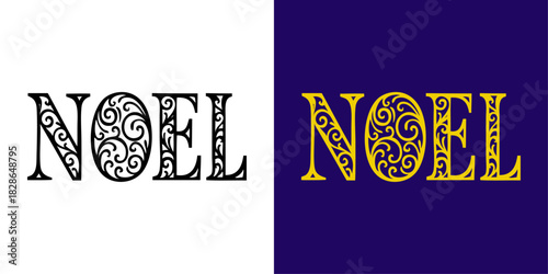 Logo de Navidad. Grupo de mensajes Noel con letras rellenas con florituras de adorno para tarjetas y felicitaciones