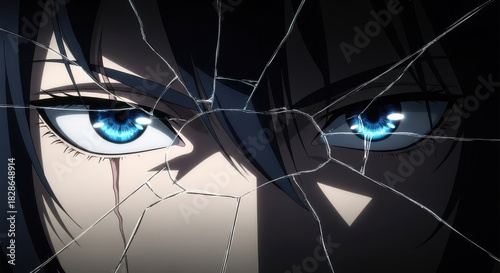 Anime Character Intense Blue Eyes Through Cracked Glass
