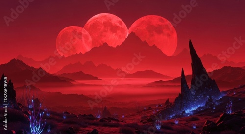 Surreal Red Planet Landscape with Three Moons and Luminous Alien Flora