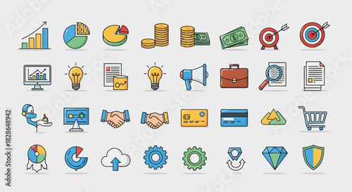 Business and finance icon set collection, representing company growth and achievements