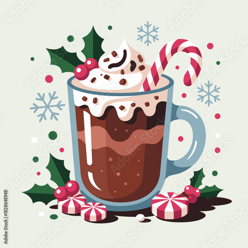 Flat Design Peppermint Hot Chocolate Dessert Vector Illustration – Ideal for modern Christmas graphics, holiday website banners, or seasonal digital art.