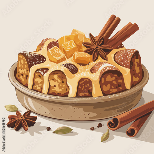 Rustic Gingerbread Bread Pudding in Baking Dish Vector – Great for cozy winter recipe content, holiday food blogs, or seasonal comfort food promotions.