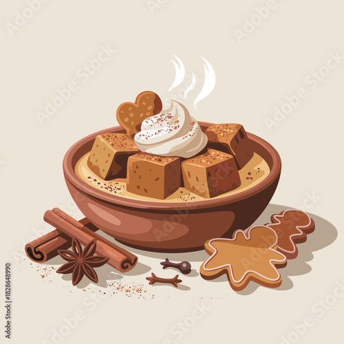 Cozy Gingerbread Bread Pudding in Bowl Vector Illustration – Suitable for inviting holiday graphics, seasonal recipe cards, or warm Christmas marketing campaigns.