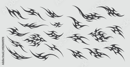 Set y2k neo tribal gothic sigilism tatto pack. Flame shapes . abstract neo tribal cyber sigil gothic melted modern burn form, design element. 2d vector illustration