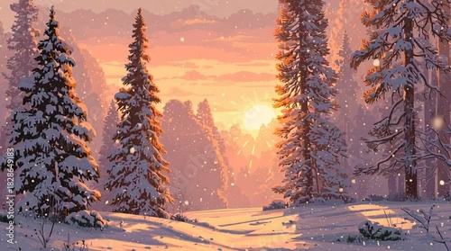 Golden winter sunset through falling snow in frosted pine forest, serene nature scene for peaceful holiday projects or seasonal marketing campaigns