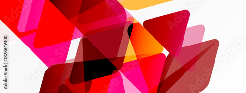 Abstract geometric shapes overlap, creating vibrant red, pink, orange hues. Minimalist design, modern aesthetic, clean lines dominate composition.