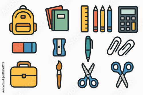 Calculator vector supplies school clips backpack icon eraser notebooks scissors paintbrush paper