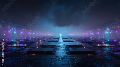 Abstract futuristic landscape with glowing lights and fog in a dark environment.
