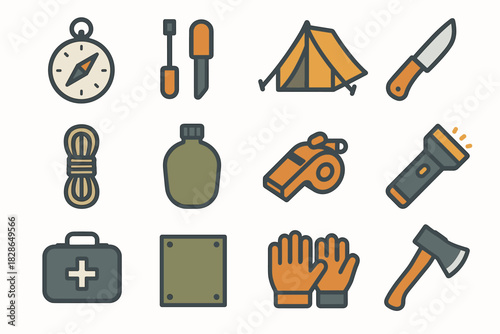 Kit aid fire outdoor icon tarp flashlight survival axe vector gloves rope
