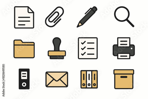 Printer icons box checklist minimal paper magnifying sheet stamp office vector envelope
