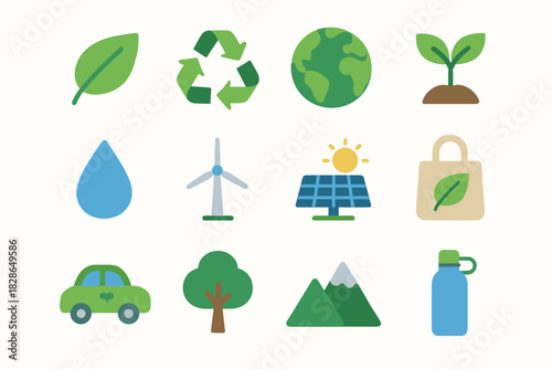 Symbol vector electric eco globe set droplet tree solar icon icons green