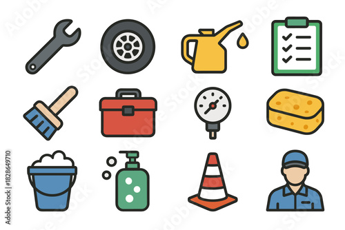Icon tool uniform icons tire vector maintenance brush sponge wrench oil box