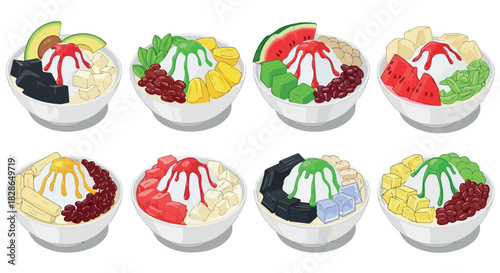 Shaved ice desserts with toppings in bowls