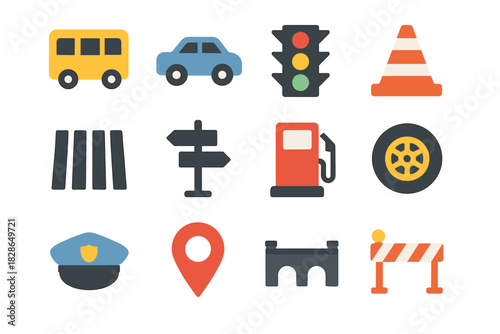 Icons barrier light pin set car vector traffic icon bridge signpost signal