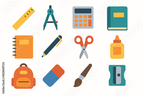 Icon school glue vector sharpener supplies ruler icons calculator eraser notebook backpack