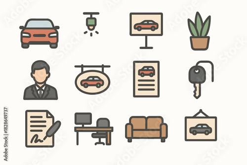Icon plant stand light key car couch salesperson brochure wall showroom vector