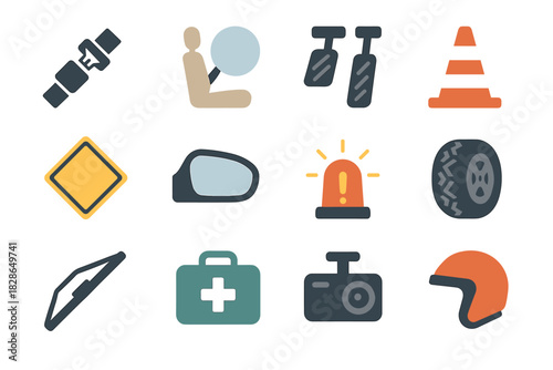 Icons aid safety traffic helmet vector icon tire light airbag wiper car
