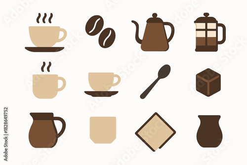 Coffee swirl cup vector napkin saucer kettle set icon milk cube