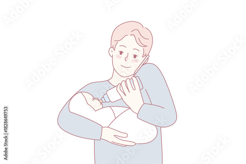 Young father multitasking feeding newborn kid talking on phone. Dad taking care of child and speaking on cellular. Parenthood concept. Vector illustration.