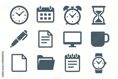 Wall file document calendar vector alarm mug icon time desk computer office
