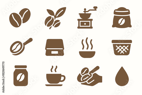 Droplet icon aroma beans collection spoon scoop grinder vector coffee roasted steam