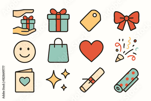 Ribbon icon exchange paper box sparkles icons gift thank bag wrapping two