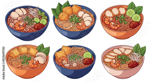 Noodle soup bowls with various toppings