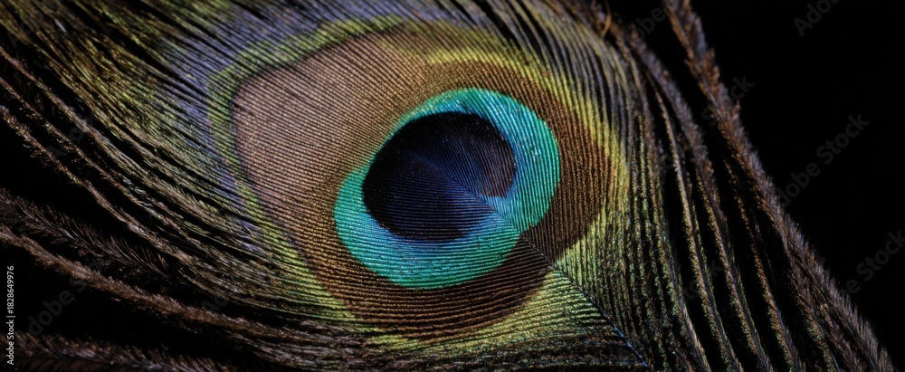 Fototapeta premium The detailed eye pattern on a peacock feather shown up close and vivid