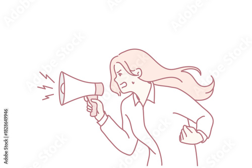 woman shouting into megaphone leading rally, organizer voice projecting call for change, dynamic hair movement, clenched fist, activist energy and protest atmosphere with empowerment tone