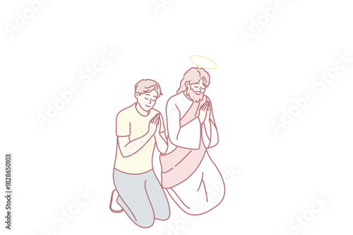 silent prayer connection, peaceful duo in spiritual devotion, tranquil partners engaged in reflective worship moment, serene couple bowing deeply during sacred prayer and contemplation