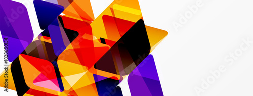 Abstract geometric shapes overlap, vibrant colors dominate left side. White space provides contrast, modern design aesthetic.