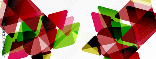 Abstract geometric shapes overlap, creating vibrant color patterns. Red, green, pink hues dominate composition. Modern design element.