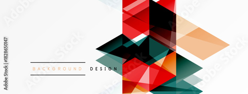 Abstract geometric shapes overlap, creating dynamic visual effect. Red, green, orange hues dominate white space. Minimalist design elements present.