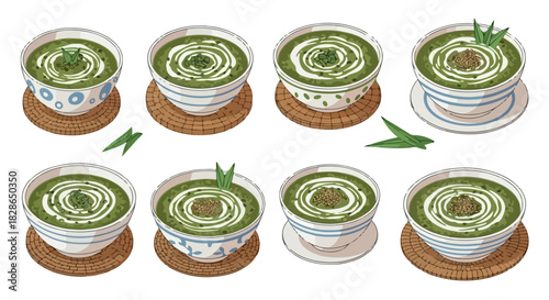 Green soup bowls with garnishes and woven mats