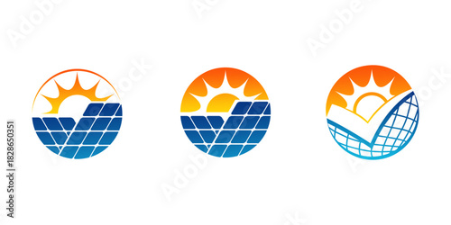 Sustainable Energy Logos: Eye-level shot of three solar power concepts, representing sustainable energy solutions with sun and solar panels in each design.
