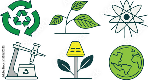 Eco-Icons: A vibrant collage of eco-friendly icons representing sustainability, including recycling, plant growth, scientific research, and global consciousness.
