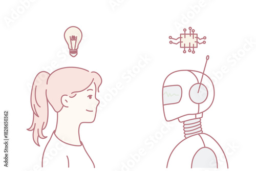 woman facing robot exchanging ideas, line-art sketch showing young woman and attentive robot sharing lightbulb symbols, playful minimal design, conceptual dialogue about innovation and ai,