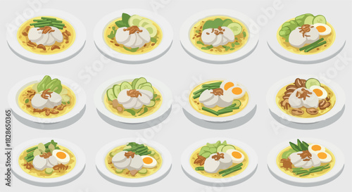 Egg dishes with vegetables and sauce on plates