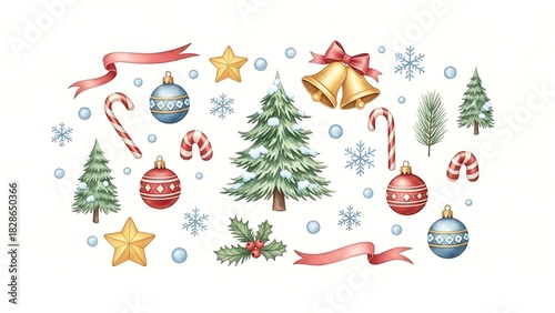 Christmas clipart collection of festive tree ornaments candy canes bells ribbon snowflakes.