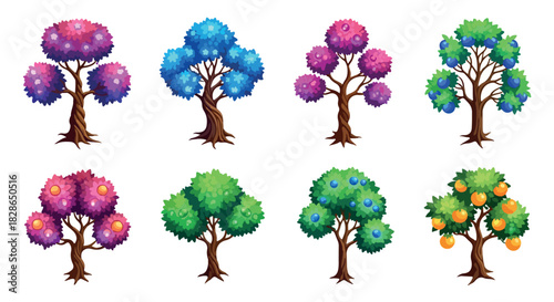 Colorful fruit trees with round blossoms