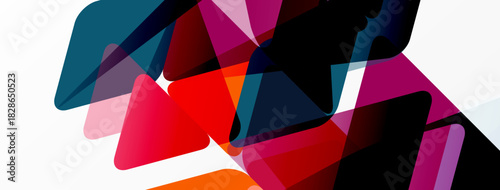 Abstract shapes overlap, creating vibrant color blends. Dynamic composition with reds, blues, pinks, oranges on white background.