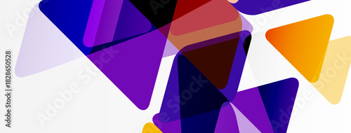 Abstract shapes overlap, creating vibrant color gradients. Purple, orange, blue hues dominate composition. Modern design element.