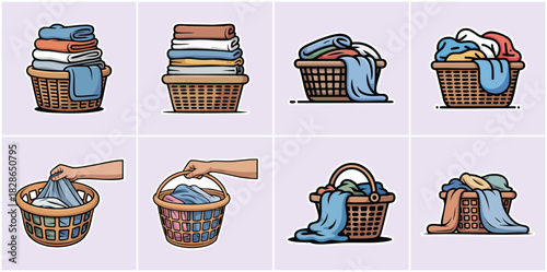 Laundry baskets with colorful clothes and linens