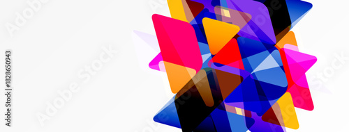 Abstract shapes overlap, creating vibrant color bursts. Composition features dynamic angles, modern design, clean aesthetic.