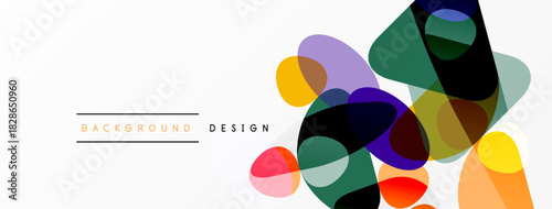 Abstract colorful shapes overlap white space. Modern design elements create dynamic visual texture. Simple, clean aesthetic.