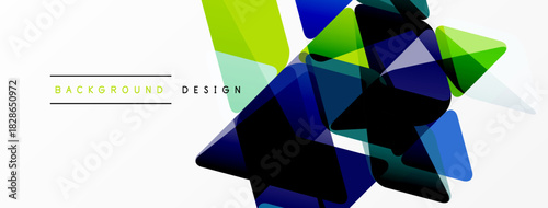 Abstract geometric shapes overlap, creating vibrant visual effect. Blue, green hues dominate design with white background. Modern, dynamic composition.