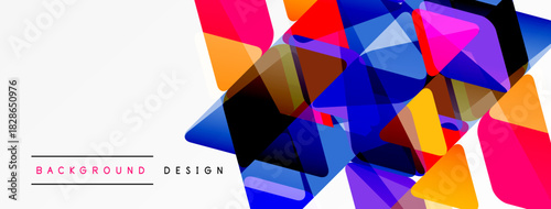 Abstract geometric shapes overlap, creating vibrant colorful design. White space provides clean contrast, modern aesthetic.